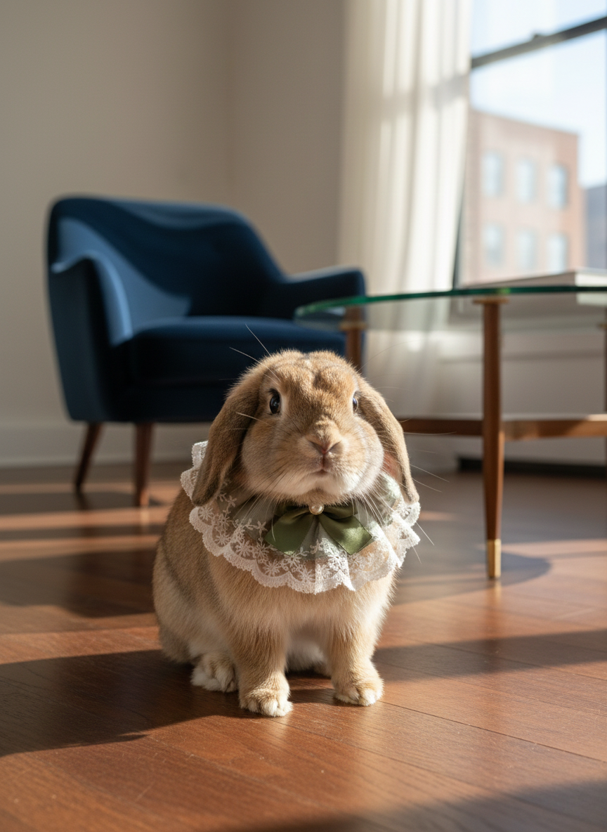 Sage Green Lace Pet Rabbit Bib – Victorian Style Bunny Collar with Bow & Pearl