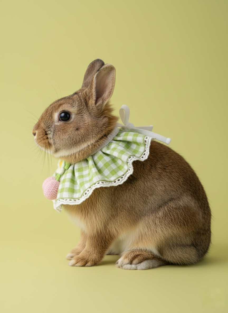 Spring Picnic Gingham Bunny Bib – Green Checkered Ruffle Collar with Crochet Cherry & Flower Detail for Small Pets
