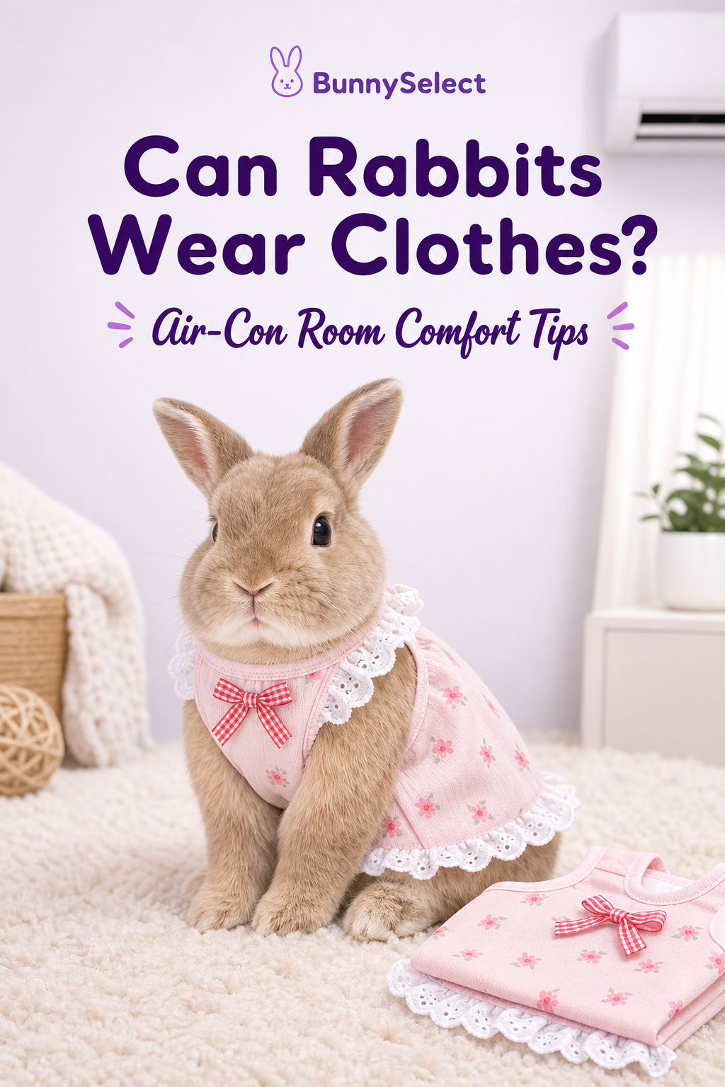 Rabbit wearing a BunnySelect-style dress in an air-conditioned room, blog cover for rabbit clothing safety tips