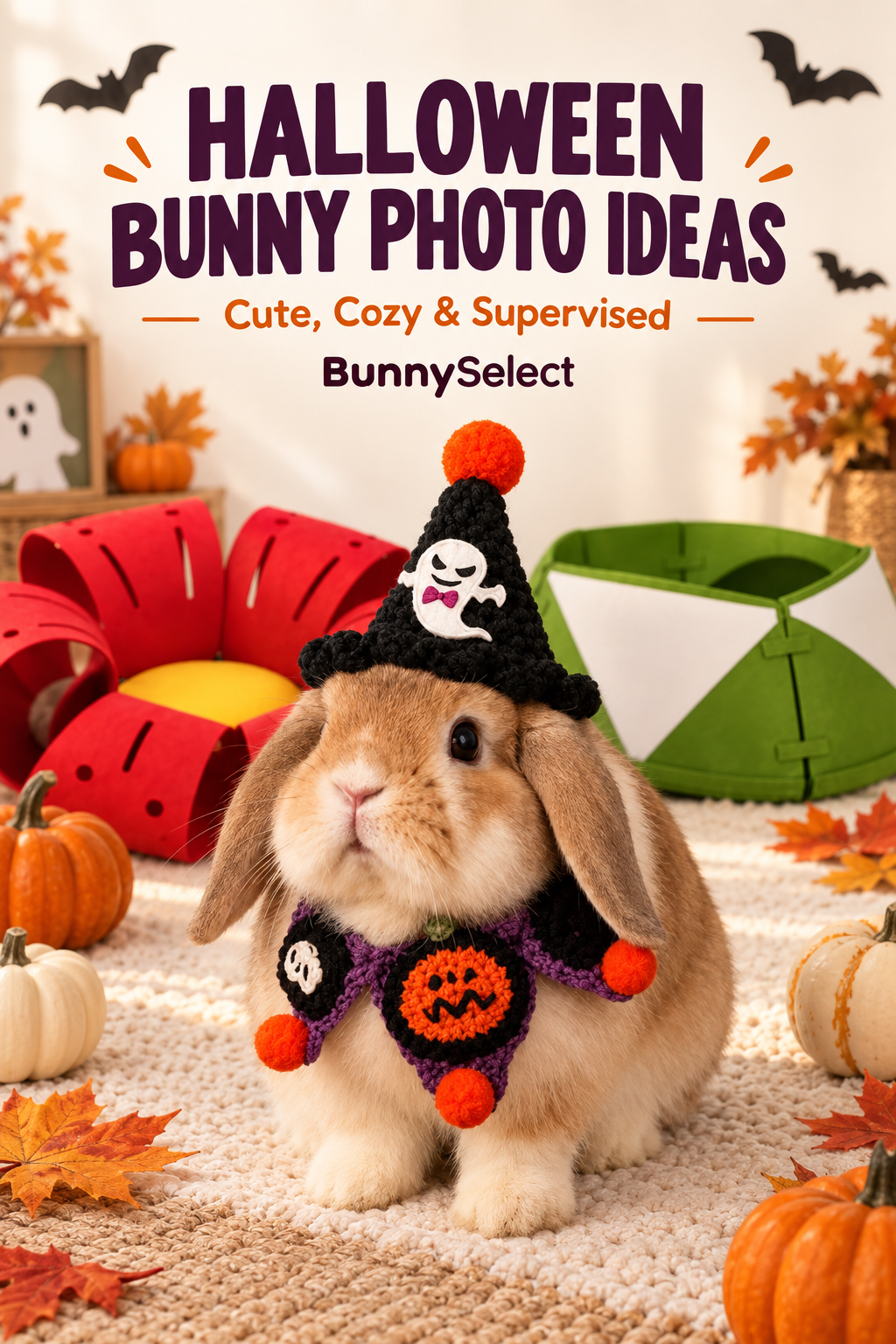 A light-brown lop rabbit wearing a black crochet ghost hat and purple Halloween bib in a warm supervised photo setup, with a red flower-shaped rabbit tunnel and green felt bunny tunnel behind it.