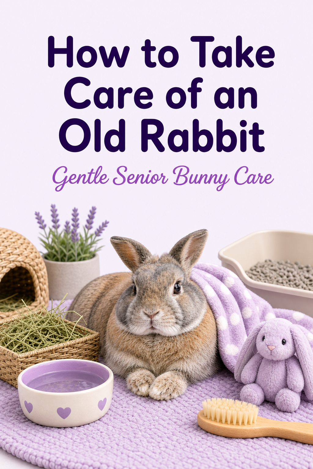 Senior rabbit resting with hay, water, grooming brush, blanket, and gentle care items for BunnySelect old rabbit care blog