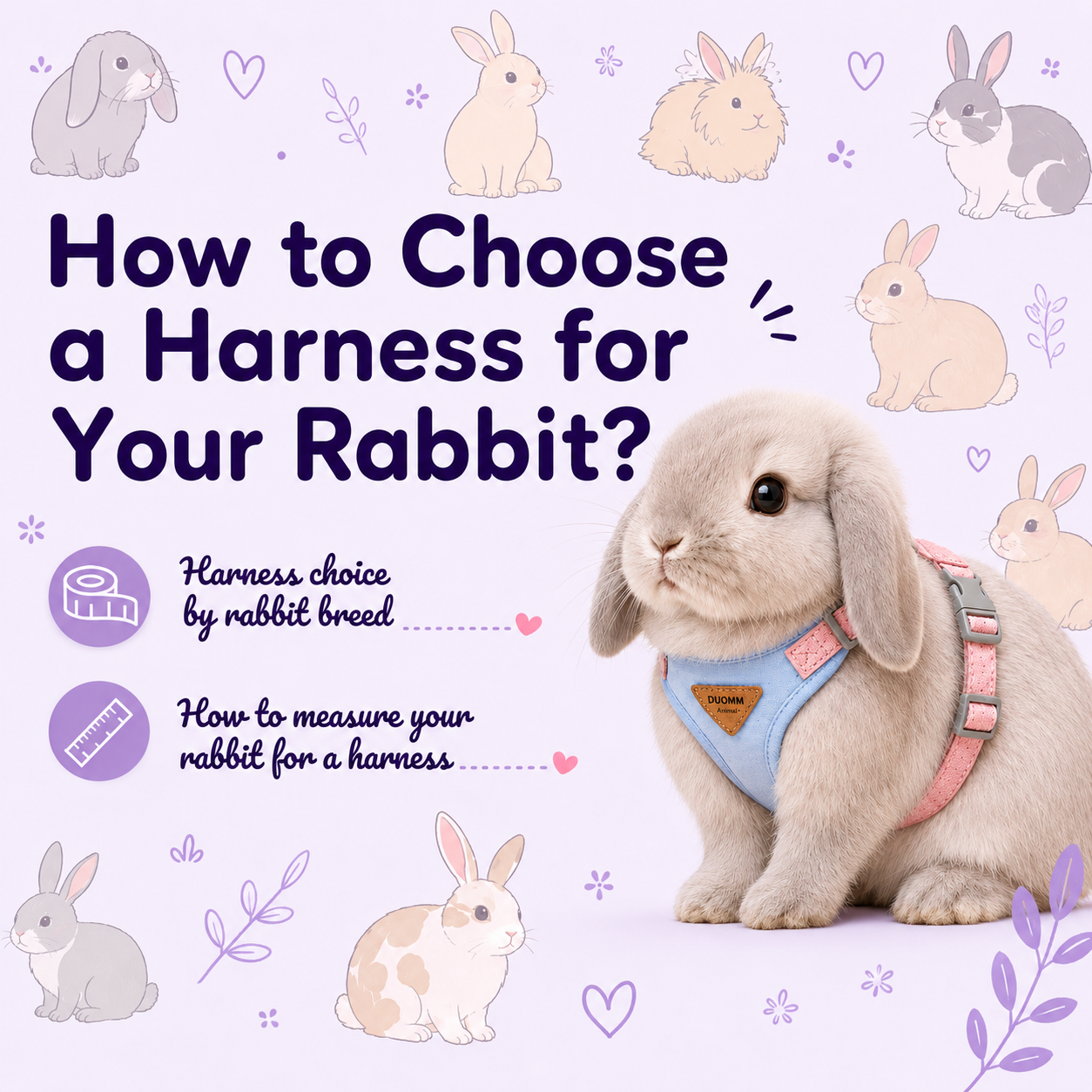 BunnySelect rabbit harness size and fit guide showing how to choose a safe adjustable harness for rabbits