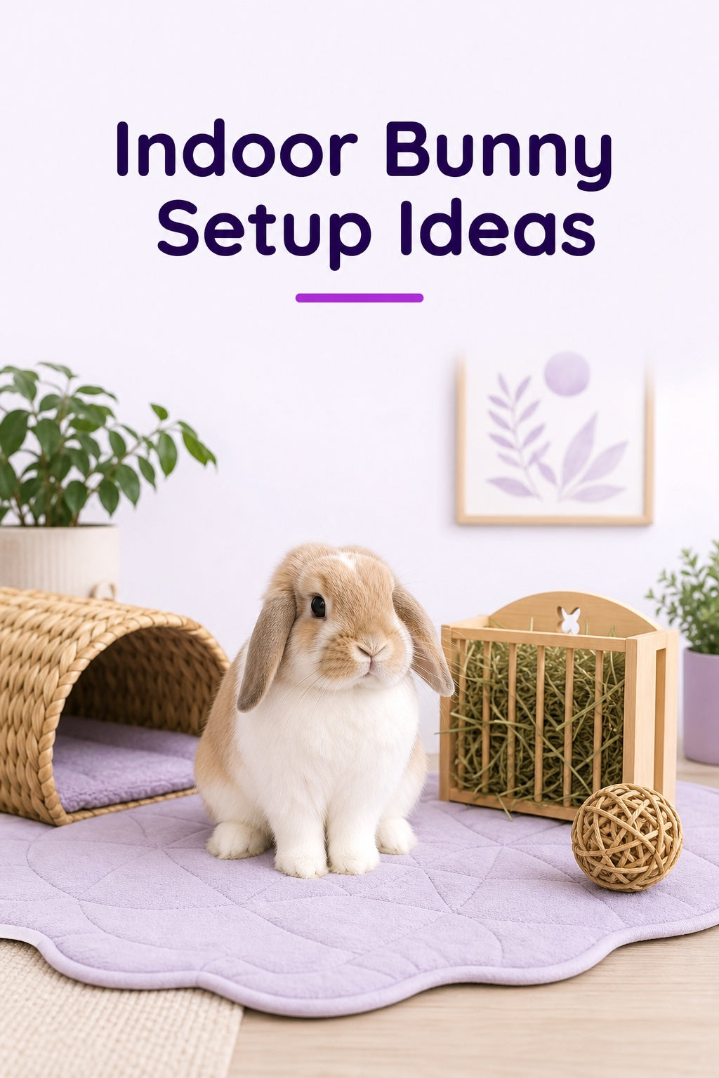 Indoor bunny setup ideas with rabbit, hideout, hay feeder, and soft mat