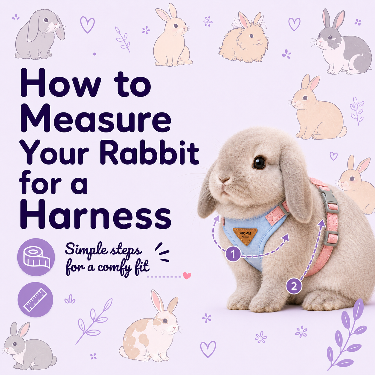 Rabbit harness measurement guide showing neck, chest, and fit checks for choosing a BunnySelect rabbit harness