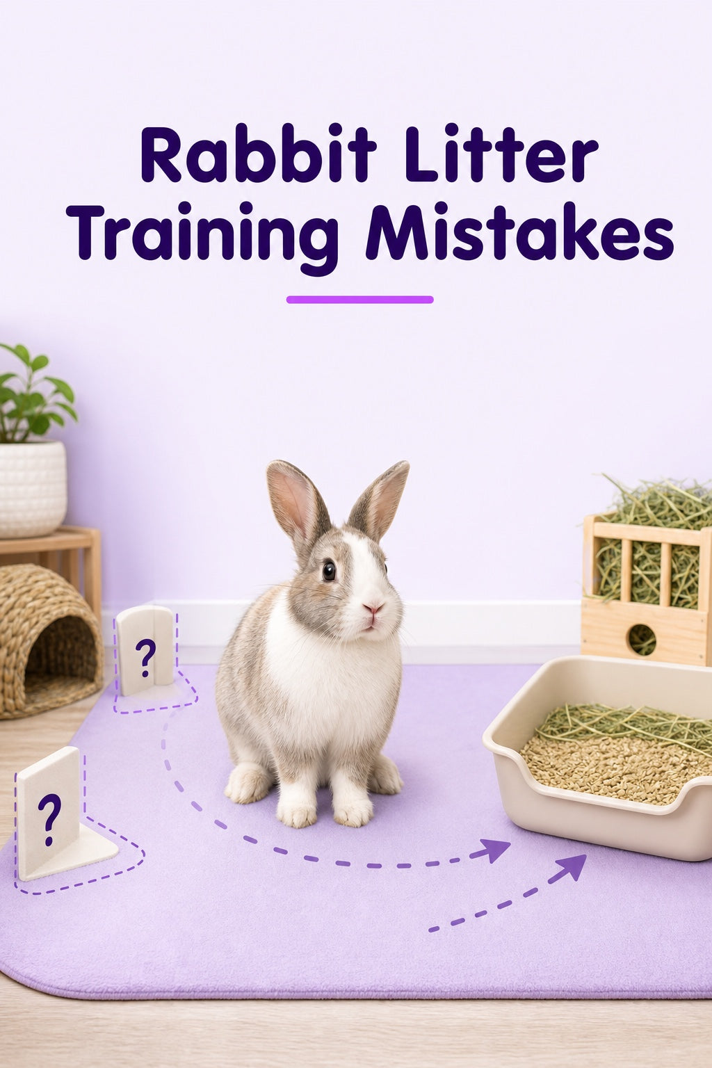 Rabbit litter training mistakes blog cover with bunny, wrong corners, dotted path, litter box, and hay feeder
