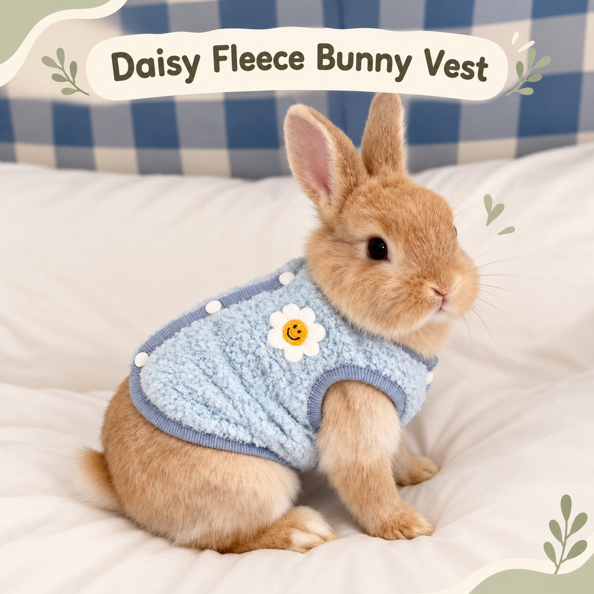 Rabbit wearing a blue daisy fleece bunny vest for supervised indoor photos.