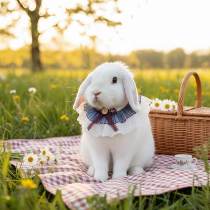 Vintage Lace & Pleated Tulle Bunny Bib – Elegant Ruffled Pet Collar with Burgundy Bow and Wooden Button Detail