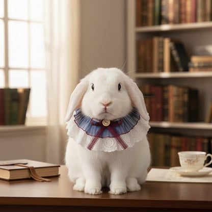 Vintage Lace & Pleated Tulle Bunny Bib – Elegant Ruffled Pet Collar with Burgundy Bow and Wooden Button Detail