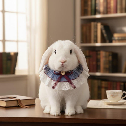 Vintage Lace & Pleated Tulle Bunny Bib – Elegant Ruffled Pet Collar with Burgundy Bow and Wooden Button Detail
