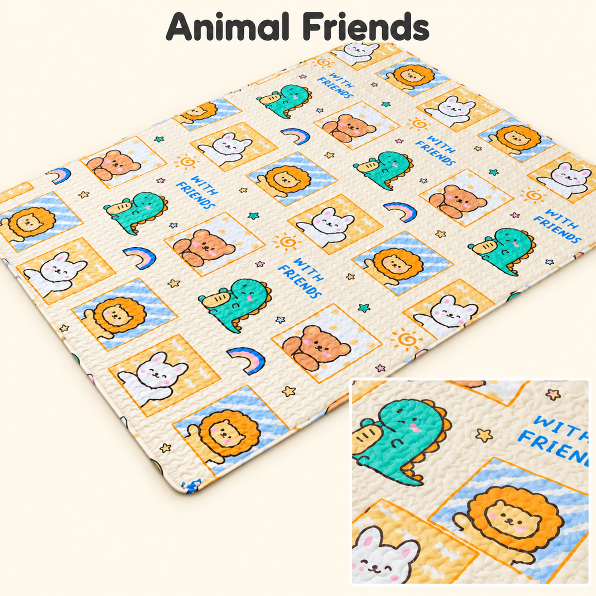 Animal Friends quilted rabbit playpen mat with colorful cartoon animals in a yellow grid.