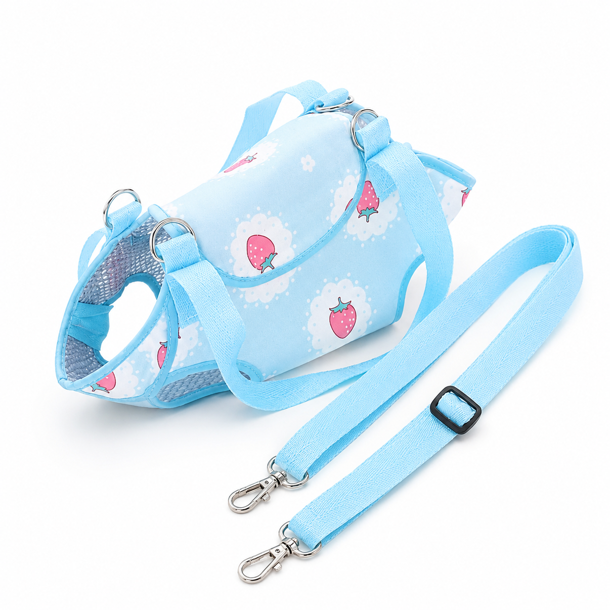 Light blue strawberry print rabbit harness backpack carrier with leash strap, small bunny travel bag, white background