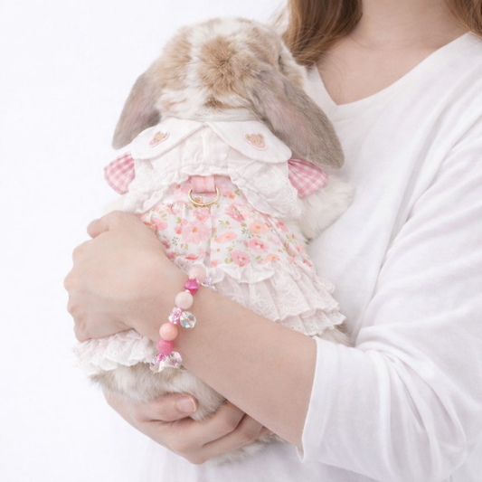 Cottagecore Floral Rabbit Harness Dress – Pink Gingham Bunny Vest with Lace Ruffles