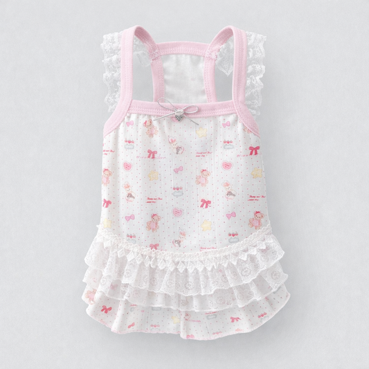 Kawaii Lace Ruffle Rabbit Dress – Soft Cotton Bunny Harness Vest with Heart & Bear Print