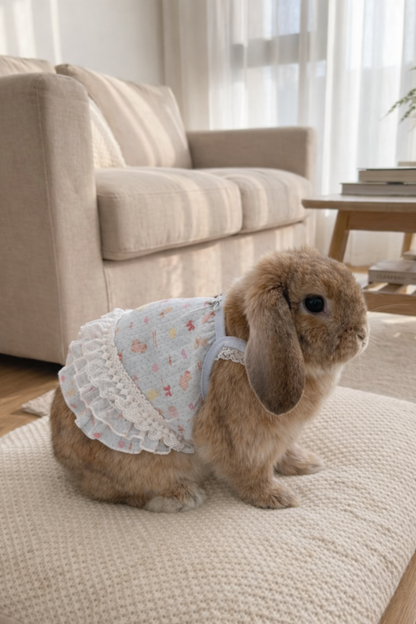Kawaii Lace Ruffle Rabbit Dress – Soft Cotton Bunny Harness Vest with Heart & Bear Print