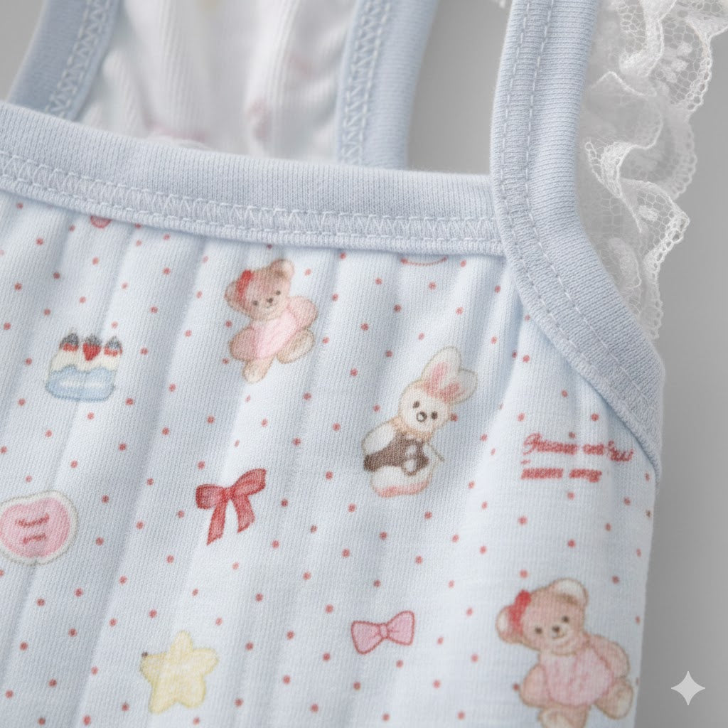 Kawaii Lace Ruffle Rabbit Dress – Soft Cotton Bunny Harness Vest with Heart & Bear Print