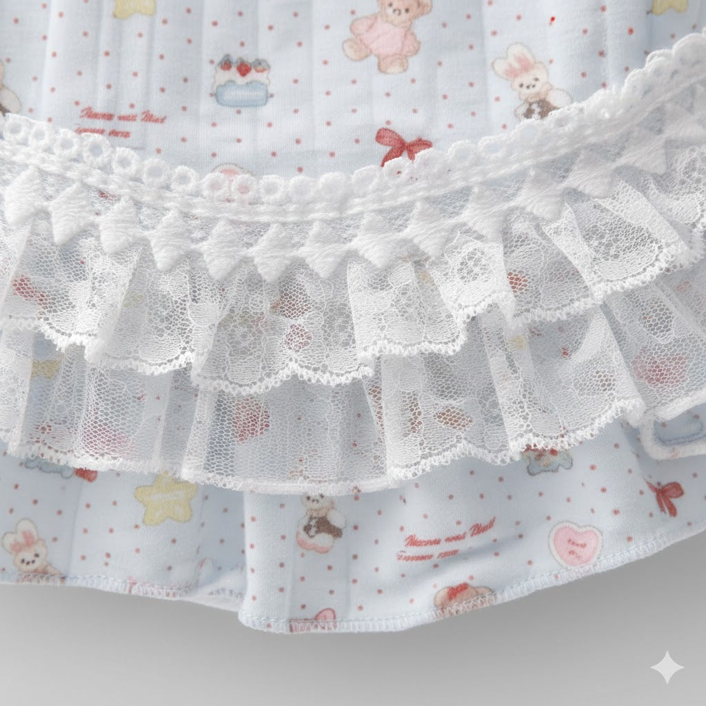Kawaii Lace Ruffle Rabbit Dress – Soft Cotton Bunny Harness Vest with Heart & Bear Print
