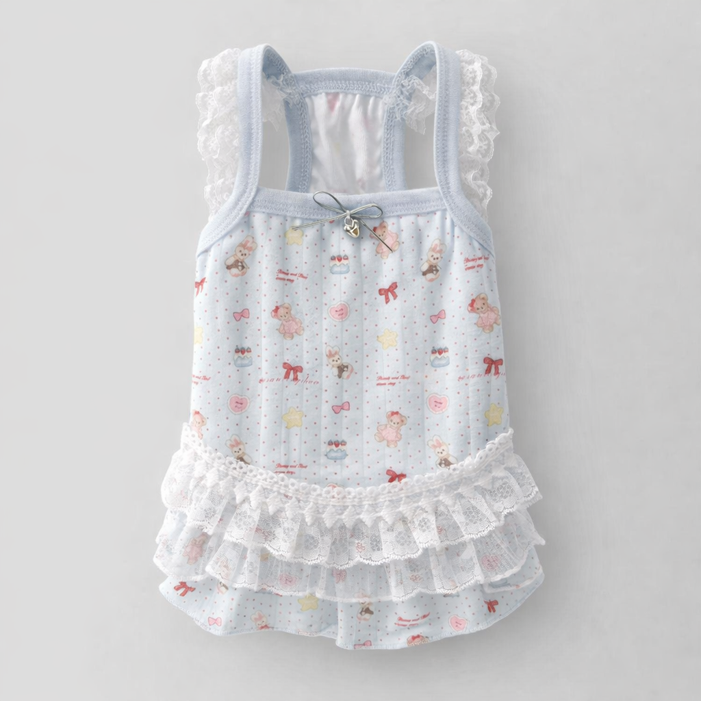 Kawaii Lace Ruffle Rabbit Dress – Soft Cotton Bunny Harness Vest with Heart & Bear Print