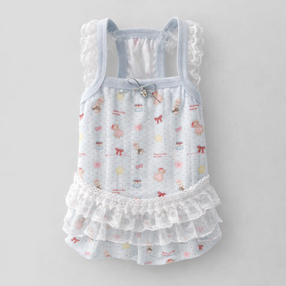 Kawaii Lace Ruffle Rabbit Dress – Soft Cotton Bunny Harness Vest with Heart & Bear Print