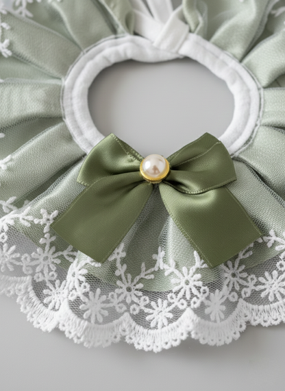 Sage Green Lace Pet Rabbit Bib – Victorian Style Bunny Collar with Bow & Pearl