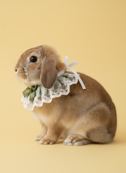 Sage Green Lace Pet Rabbit Bib – Victorian Style Bunny Collar with Bow & Pearl