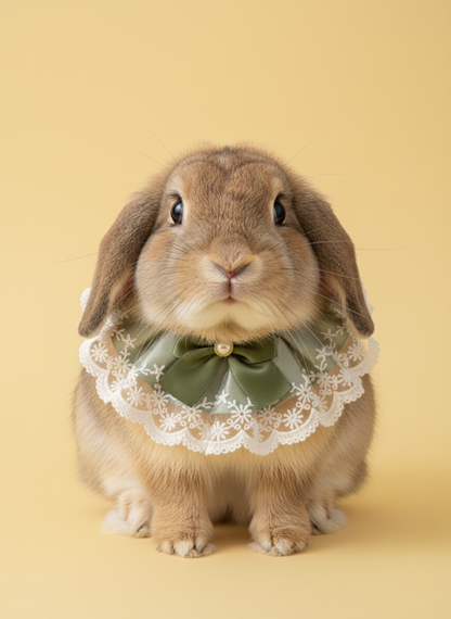 Sage Green Lace Pet Rabbit Bib – Victorian Style Bunny Collar with Bow & Pearl