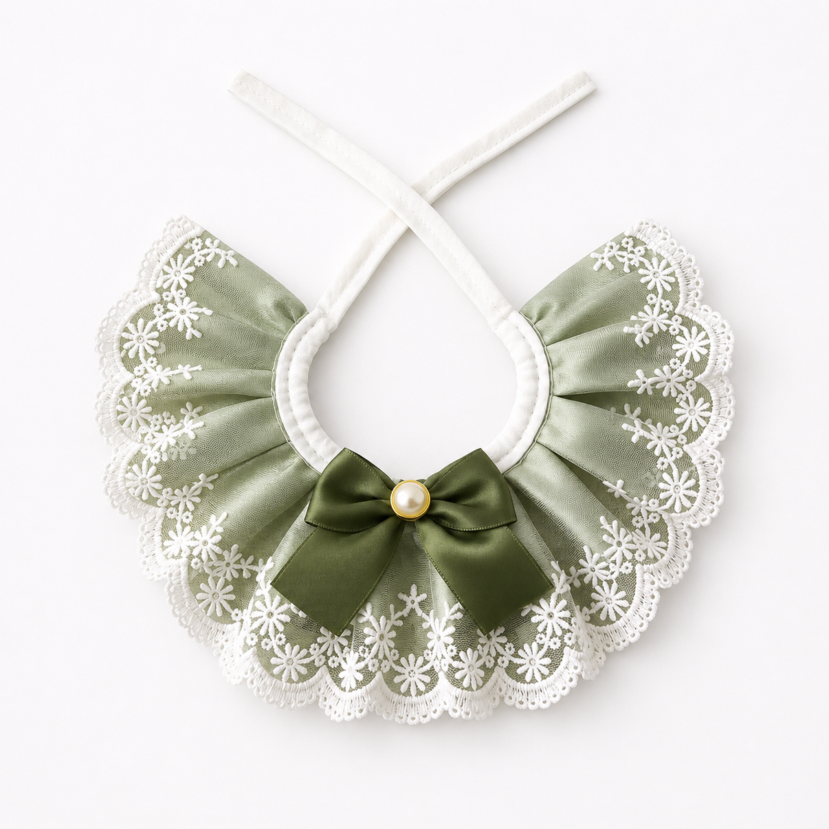 Sage Green Lace Pet Rabbit Bib Victorian Style Bunny Collar with Bow and Pearl