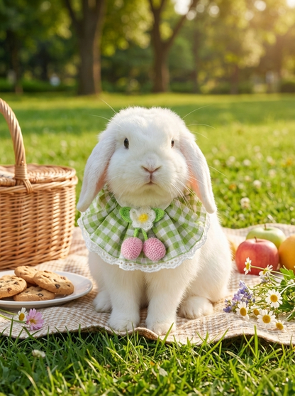 Spring Picnic Gingham Bunny Bib – Green Checkered Ruffle Collar with Crochet Cherry & Flower Detail for Small Pets
