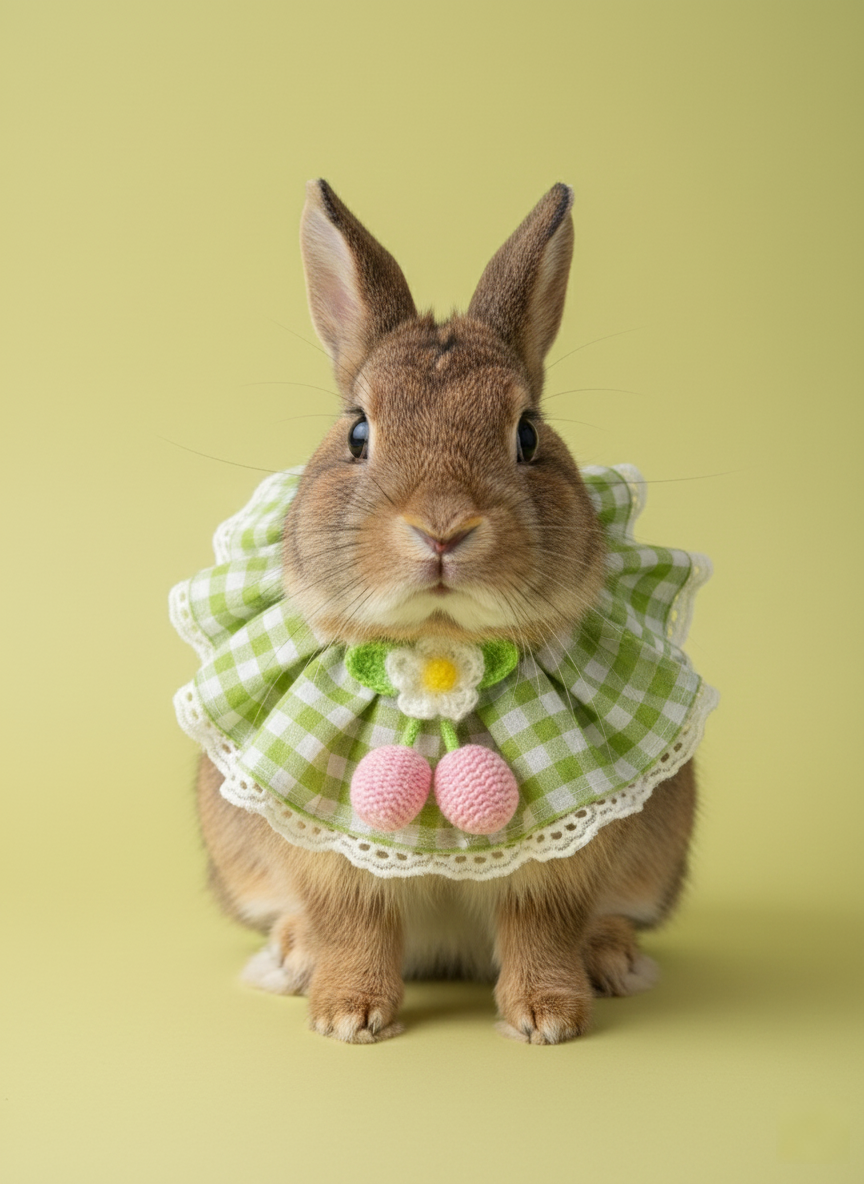 Spring Picnic Gingham Bunny Bib – Green Checkered Ruffle Collar with Crochet Cherry & Flower Detail for Small Pets