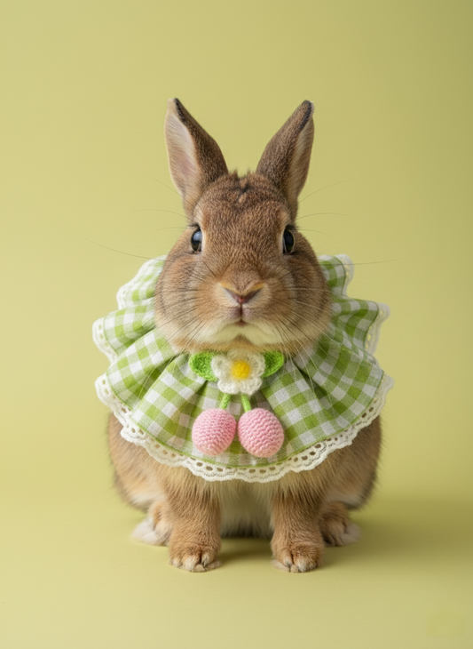 Spring Picnic Gingham Bunny Bib – Green Checkered Ruffle Collar with Crochet Cherry & Flower Detail for Small Pets