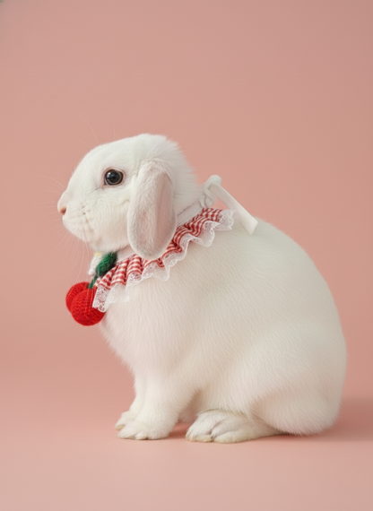 Red Plaid Bunny Bandana with Crochet Flower – Adjustable Lace Pet Rabbit Collar – Cherry Picnic Aesthetic