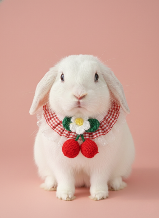 Red Plaid Bunny Bandana with Crochet Flower – Adjustable Lace Pet Rabbit Collar – Cherry Picnic Aesthetic