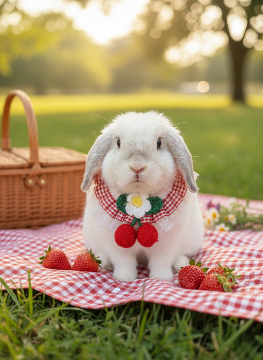 Red Plaid Bunny Bandana with Crochet Flower – Adjustable Lace Pet Rabbit Collar – Cherry Picnic Aesthetic