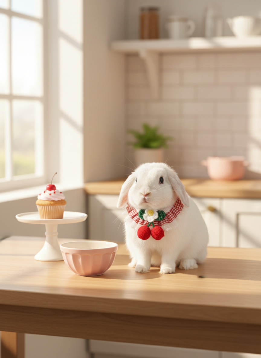 Red Plaid Bunny Bandana with Crochet Flower – Adjustable Lace Pet Rabbit Collar – Cherry Picnic Aesthetic