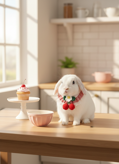 Red Plaid Bunny Bandana with Crochet Flower – Adjustable Lace Pet Rabbit Collar – Cherry Picnic Aesthetic