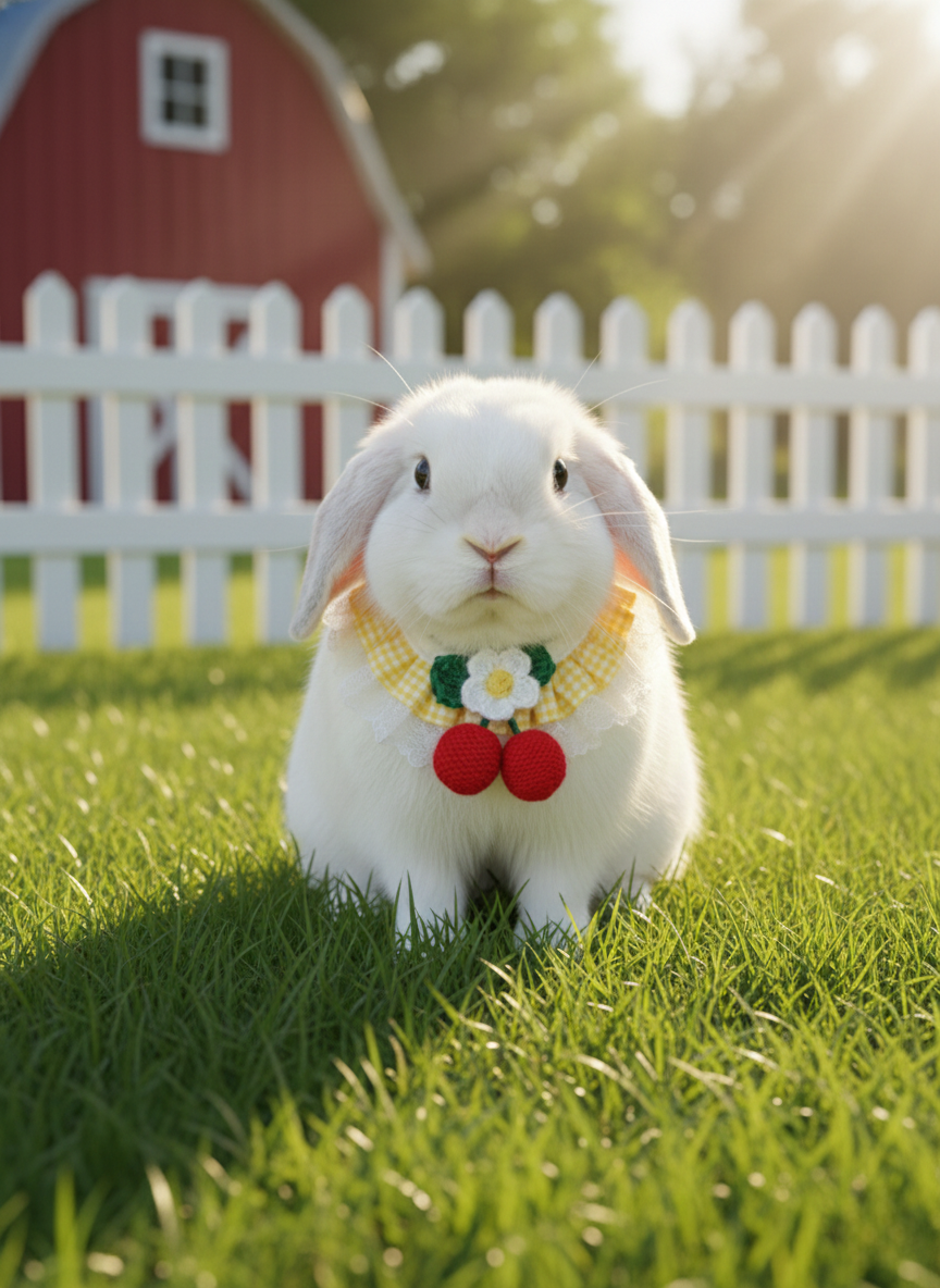 Yellow Plaid Bunny Bandana with Crochet Flower – Adjustable Lace Pet Rabbit Collar – Cherry Picnic Aesthetic