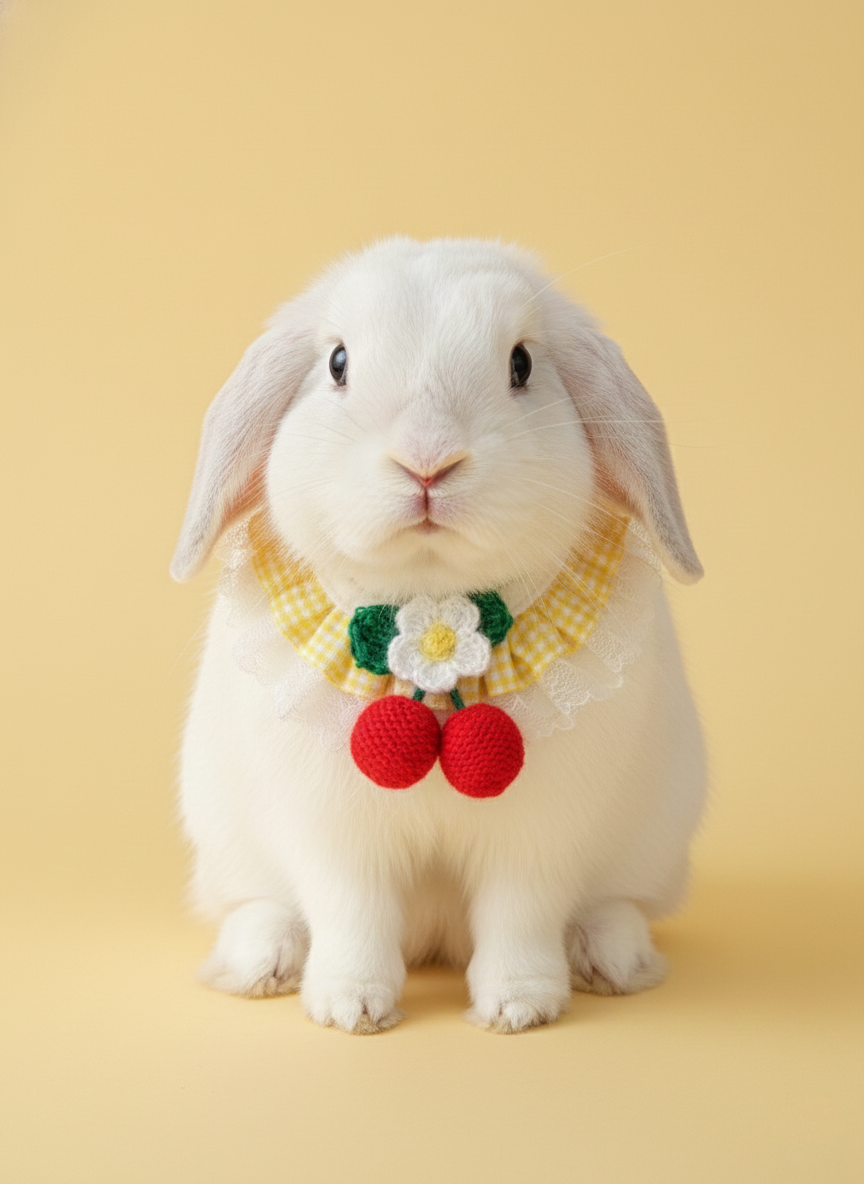 Yellow Plaid Bunny Bandana with Crochet Flower – Adjustable Lace Pet Rabbit Collar – Cherry Picnic Aesthetic