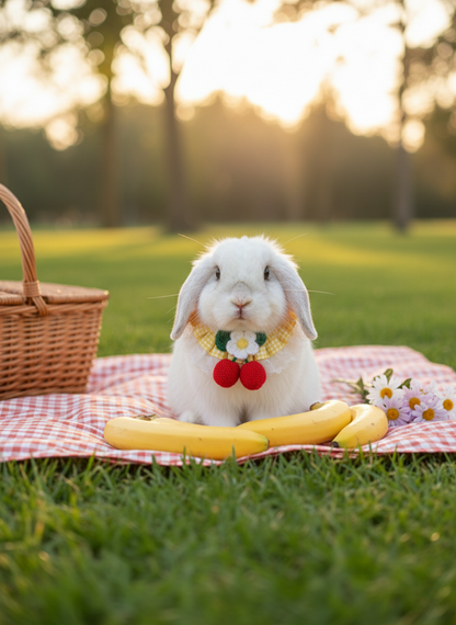 Yellow Plaid Bunny Bandana with Crochet Flower – Adjustable Lace Pet Rabbit Collar – Cherry Picnic Aesthetic
