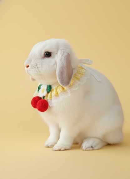 Yellow Plaid Bunny Bandana with Crochet Flower – Adjustable Lace Pet Rabbit Collar – Cherry Picnic Aesthetic