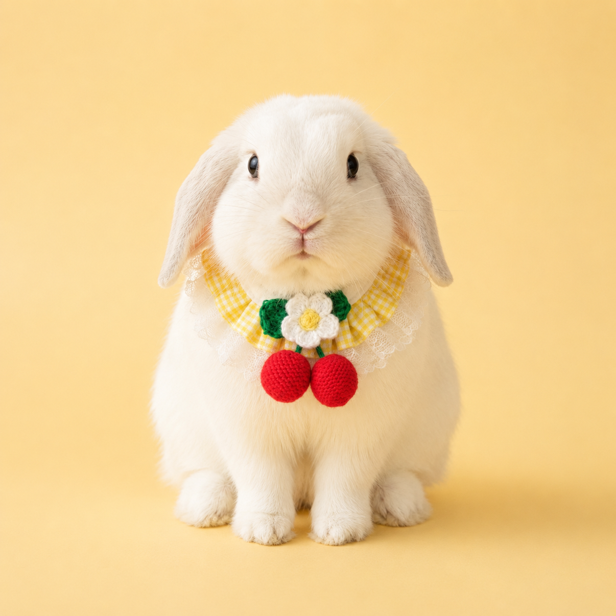 Yellow Plaid Bunny Bandana with Crochet Flower Adjustable Lace Pet Rabbit Collar Cherry Picnic Aesthetic