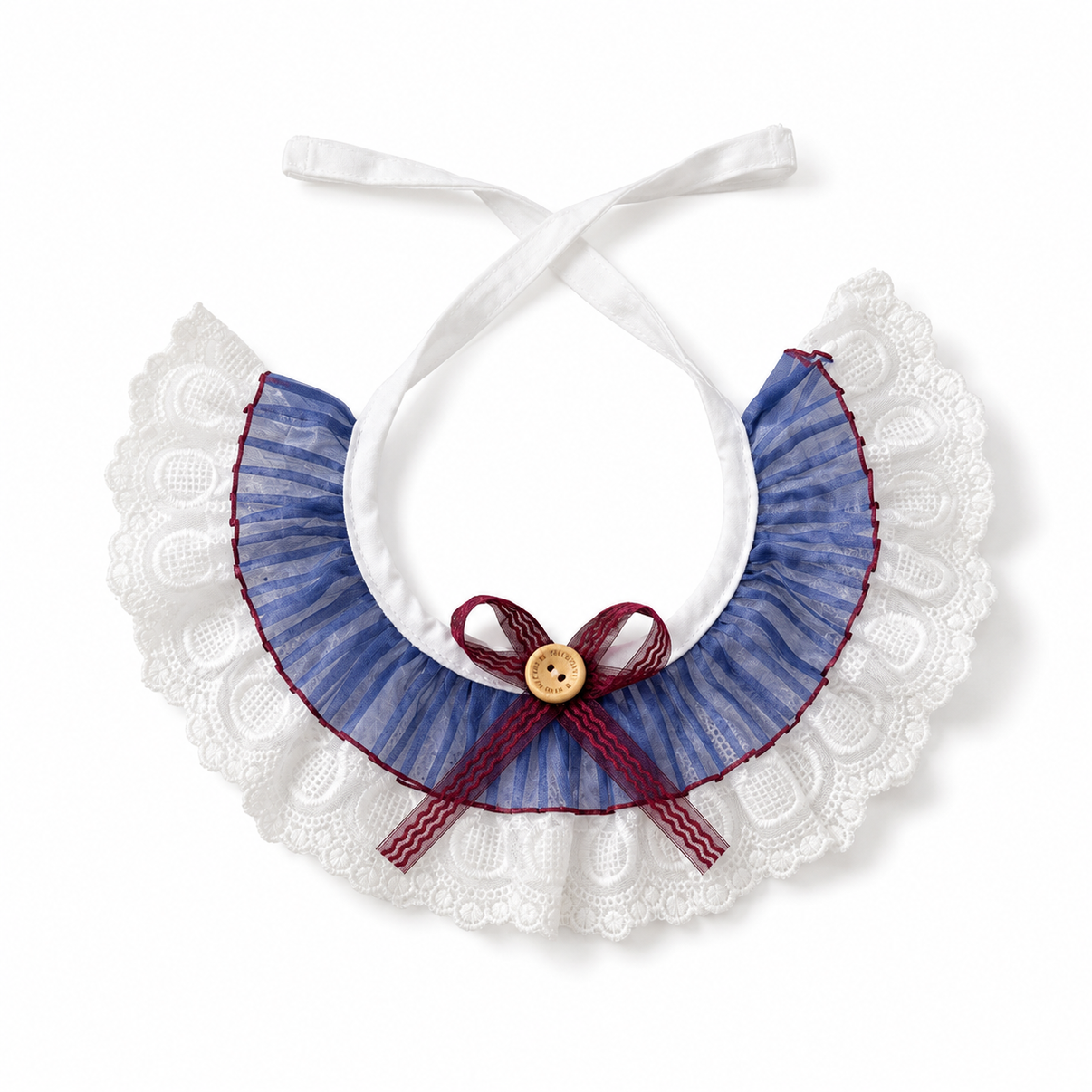 Elegant Lace Bunny Bib Collar - Blue Pleated Rabbit Neck Ruffle with Burgundy Bow - main product photo