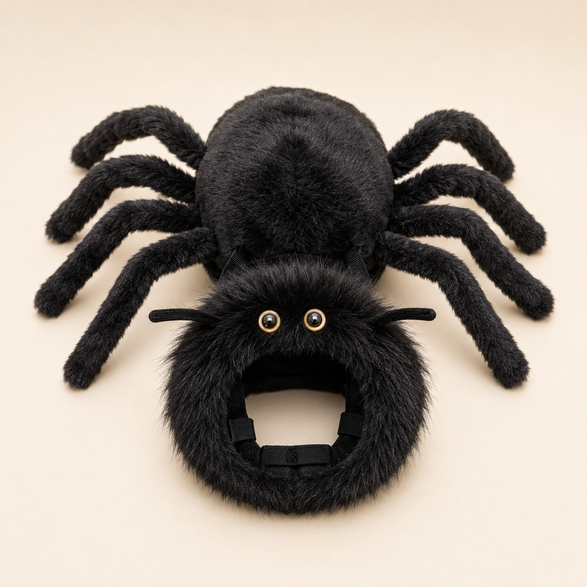 Plush black spider costume with fuzzy legs and hood for rabbits.
