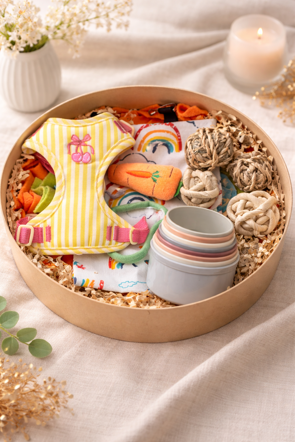 Bunny gift box with rabbit enrichment and style products for rabbit parents