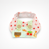 Strawberry and fruit-print rabbit bib on a white background.