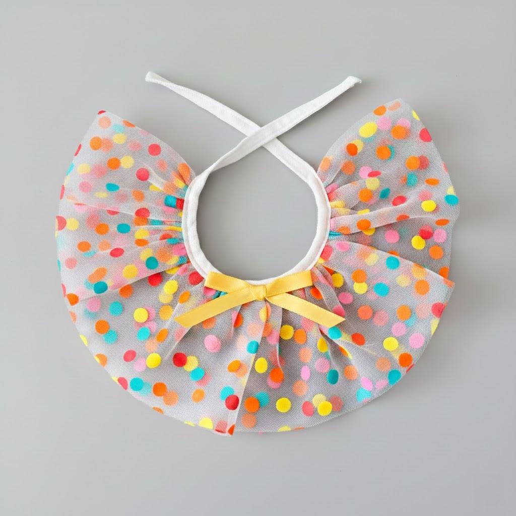 Polka Dot Tulle Bunny Party Bib Lightweight Ruffle Collar with Yellow Satin Bow for Holland Lops and Small Pets