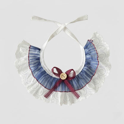 Vintage Lace & Pleated Tulle Bunny Bib – Elegant Ruffled Pet Collar with Burgundy Bow and Wooden Button Detail