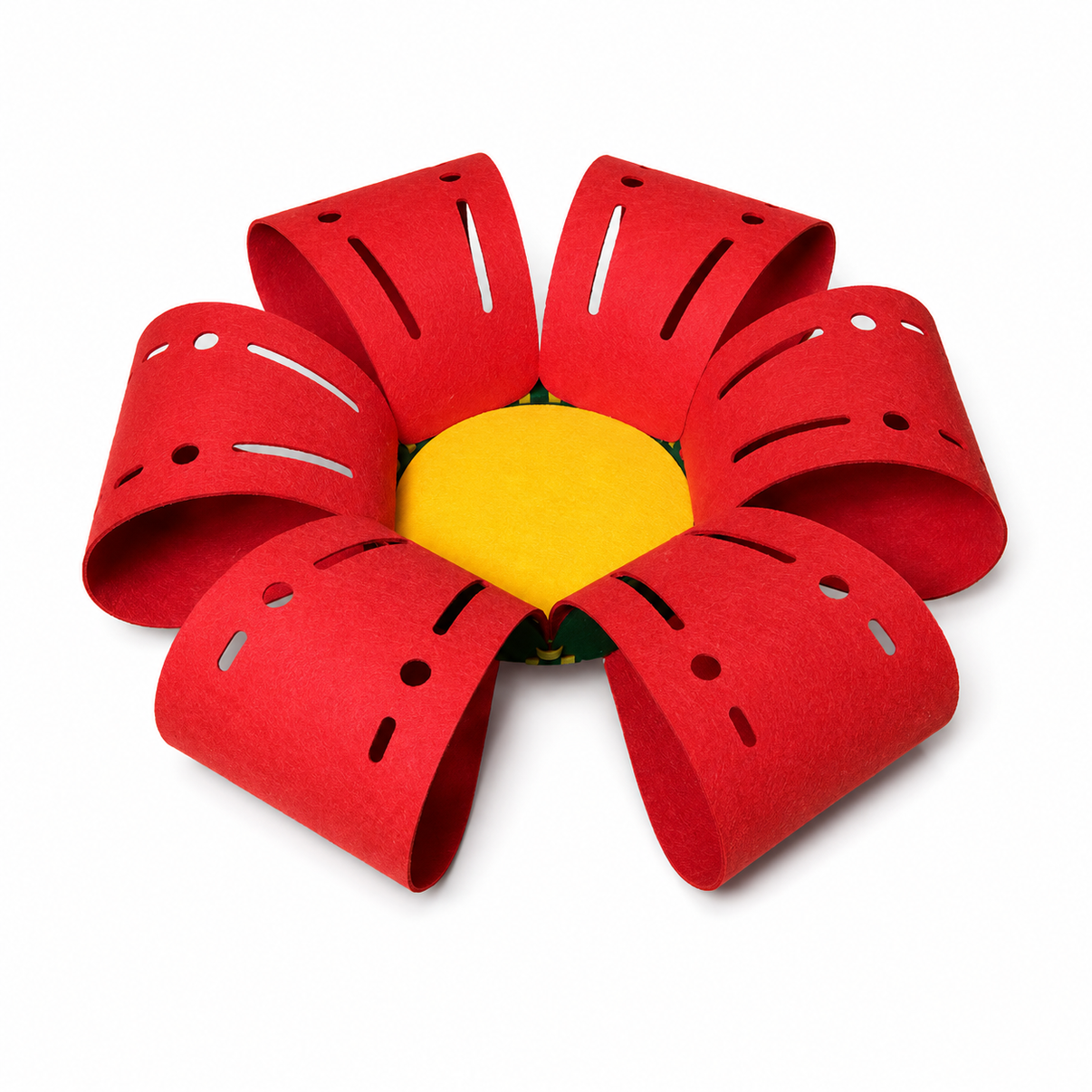 Red flower-shaped modular felt rabbit tunnel hideout on white background