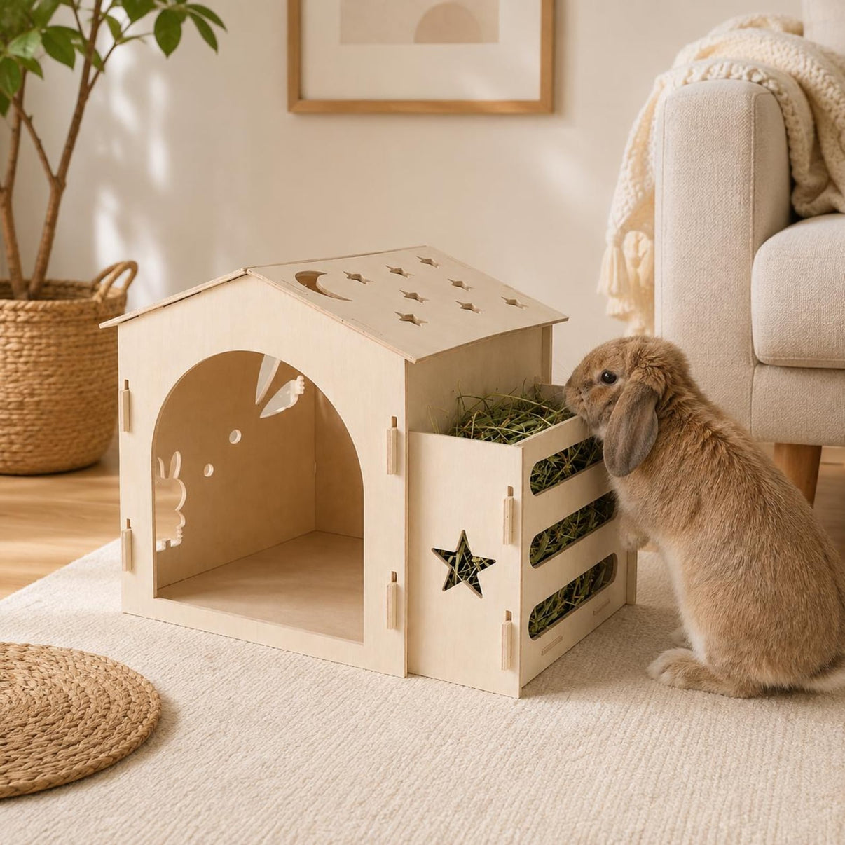 Brown lop rabbit beside a natural pine hay feeder hideout with arched doorway.