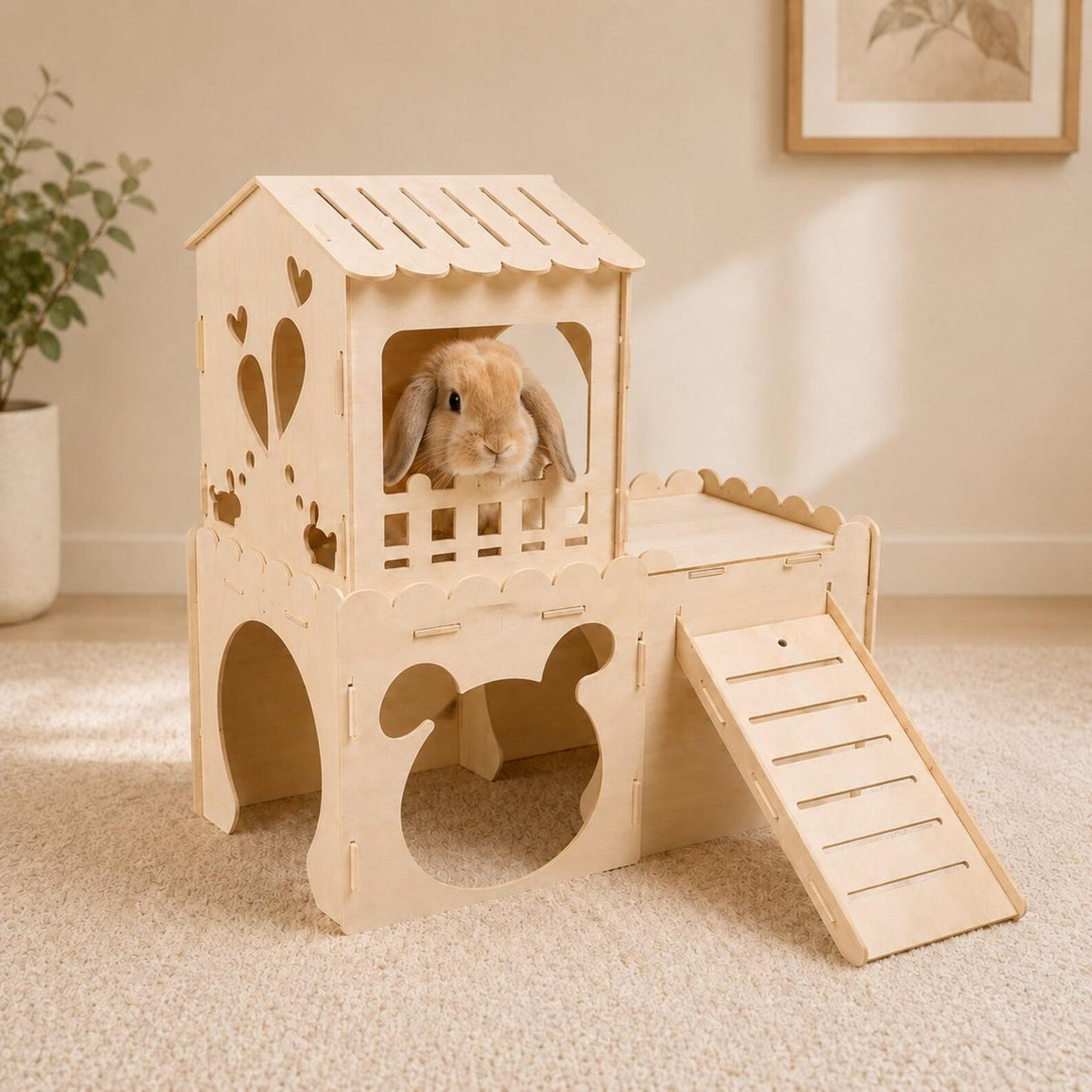 Tall two-story wooden rabbit castle hideout with climbing ramp.