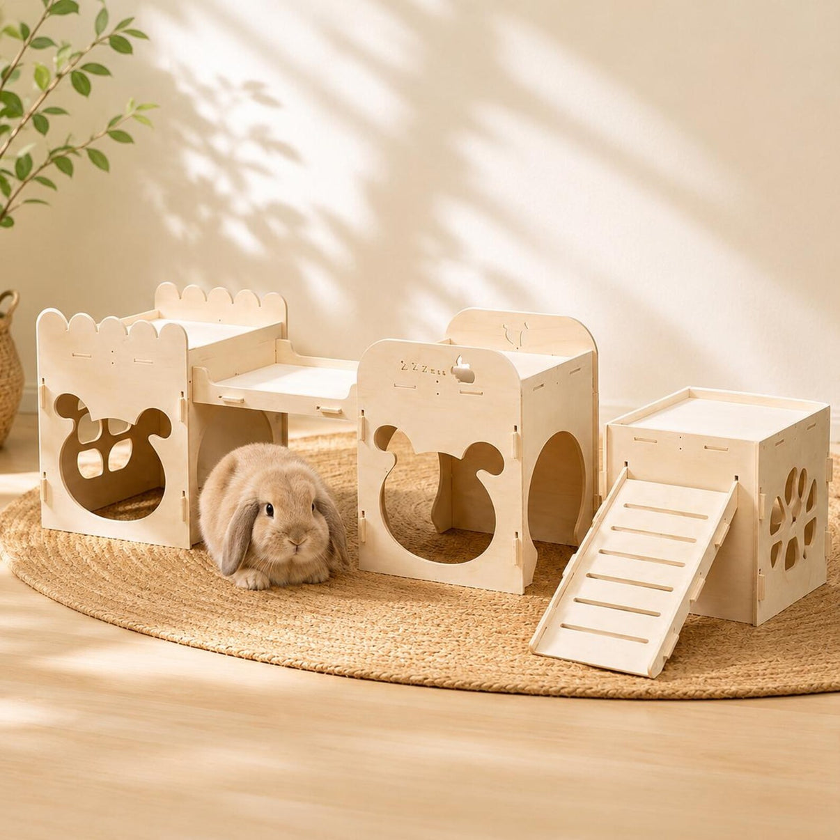 Twin tower wooden bunny castle playhouse with bridge and ramp for indoor rabbit enrichment.